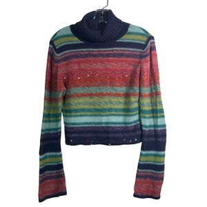 Rocket Candy Vintage Rainbow Striped Beaded Turtleneck Cropped Sweater Large